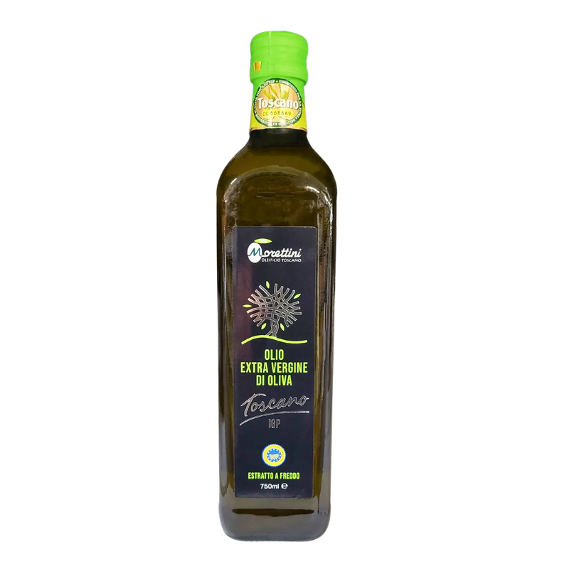 Bouteille 75cl d'huile d'olive italienne Toscano IGP Morettini, extra vierge, saveur fruitée et équilibrée pour recettes culinaires.