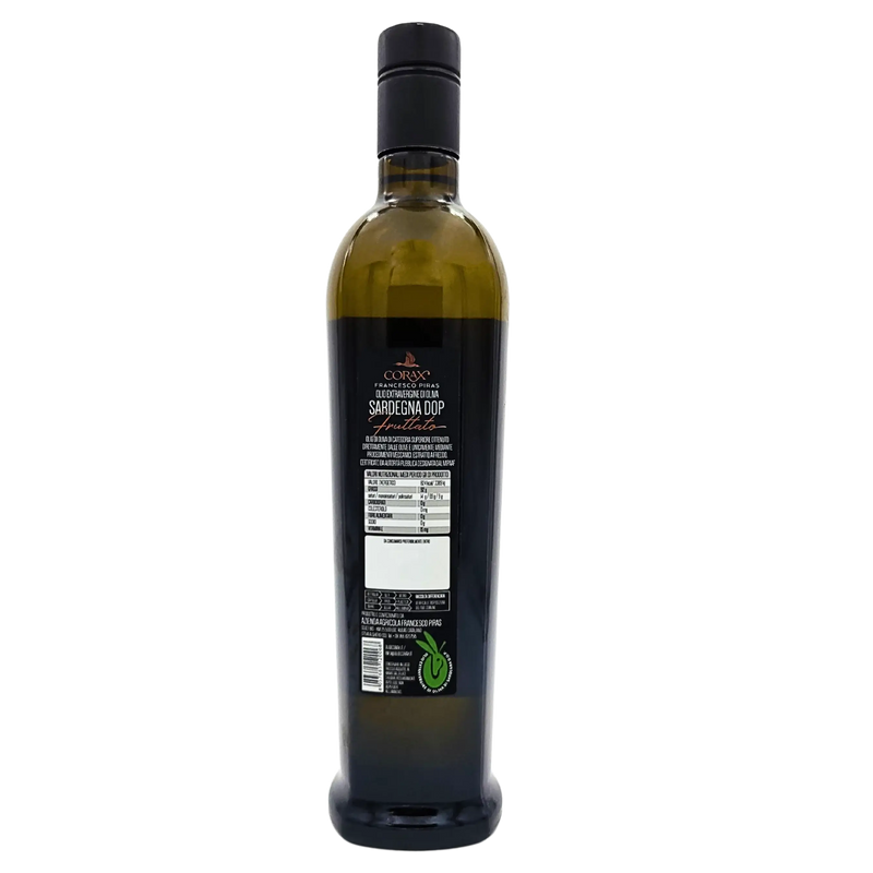 Bouteille d'huile d’olive extra vierge Corax Sardaigne DOP 75cl, vue arrière avec étiquette de composition.
