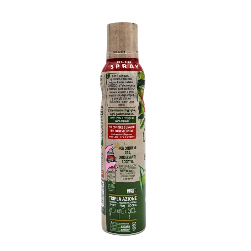 Huile d’olive en spray Classique Sagra 20cl, pratique et savoureuse, pour assaisonnement précis des plats, avec triple action de diffusion.