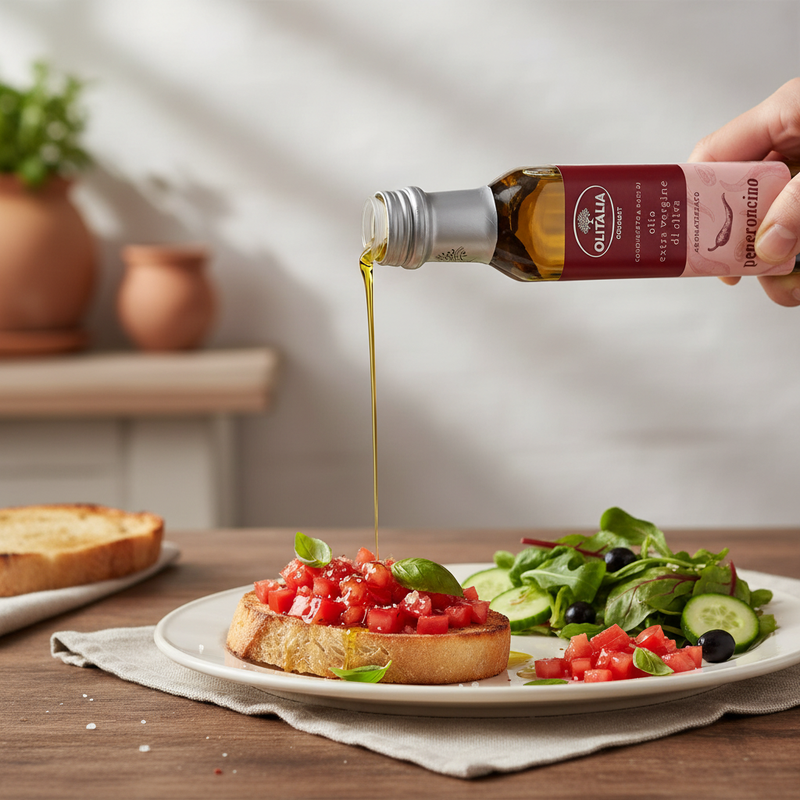 Huile Olive Pimentée Olitalia - Aromatisée au piment (25 cl) - en situation d'usage