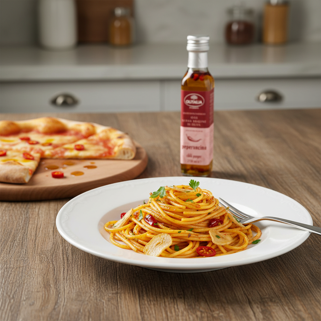 Huile d'olive pimentée Olitalia – Aromatisée au piment (25 cl) – mise en scène générée par IA à partir de la photo du produit