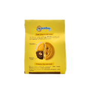 Face arrière du paquet de biscuits Baiocchi Caffè, avec description sensorielle et visuel de la composition intérieure.