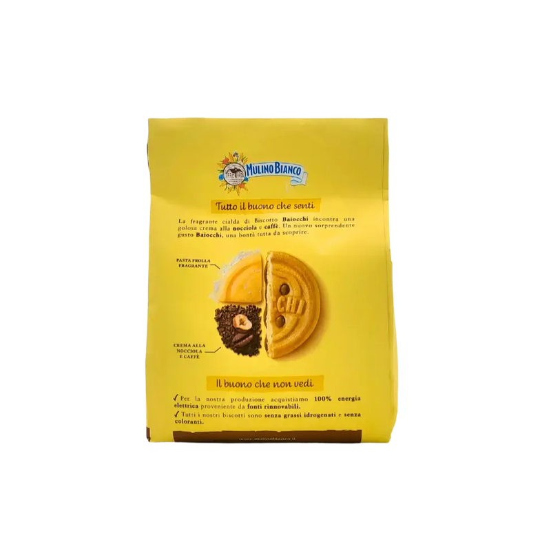 Face arrière du paquet de biscuits Baiocchi Caffè, avec description sensorielle et visuel de la composition intérieure.