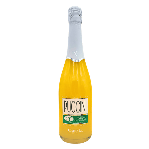 Vue de face de la bouteille de l'aperitivo Puccini au mandarino tardivo di Ciaculli de Canella, 75cl.