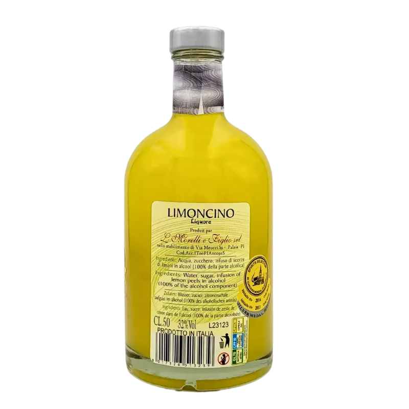 Bouteille de liqueur de citron italienne Limoncino Morelli 50cl avec étiquette arrière