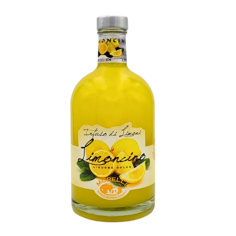 Bouteille de Limoncino Morelli 50cl, liqueur de citron italienne artisanale douce avec écorces de citron fraîches.