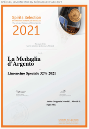 Certificat de médaille d'argent pour Limoncino Speciale 32% 2021, représentant le succès du liqueur de citron italienne Morelli.