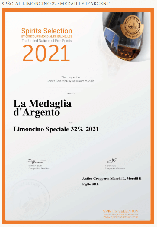 Certificat de médaille d'argent pour Limoncino Speciale 32% 2021, représentant le succès du liqueur de citron italienne Morelli.