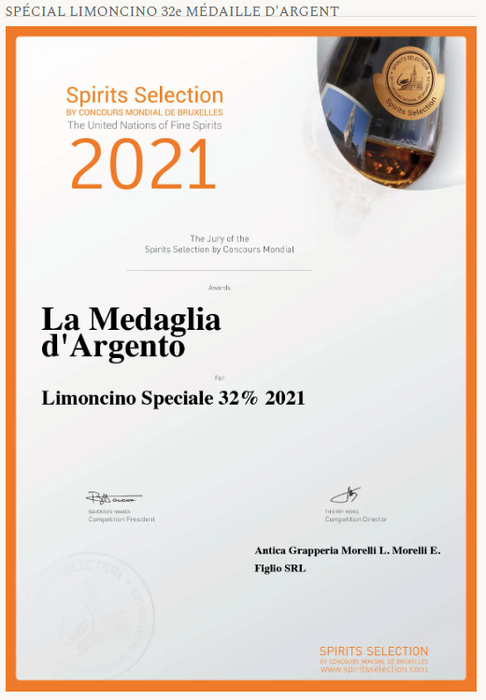 Certificat de la Médaille d'Argent 2021 pour le Limoncino Morelli au Concours Mondial de Bruxelles, récompensant la qualité exceptionnelle de cette liqueur de citron italienne.