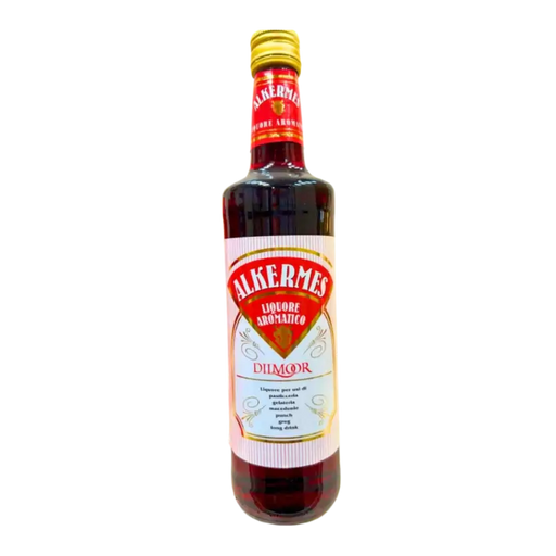 Bouteille de liqueur alchermes Dilmoor 70cl pour pâtisserie italienne, avec étiquette rouge.