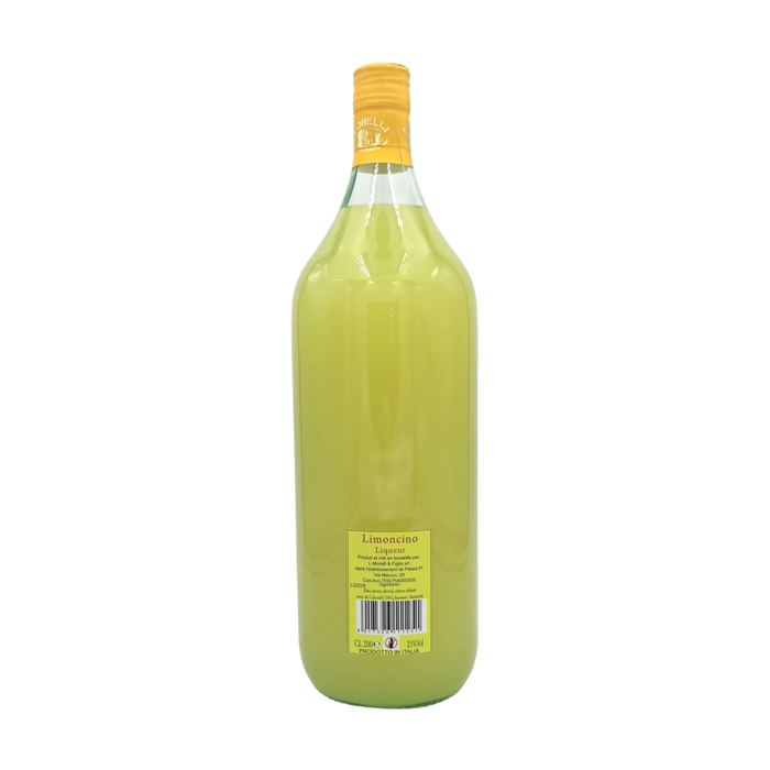 Dos de la bouteille de Limoncino Morelli 2L avec informations sur les ingrédients et le pourcentage d'alcool.