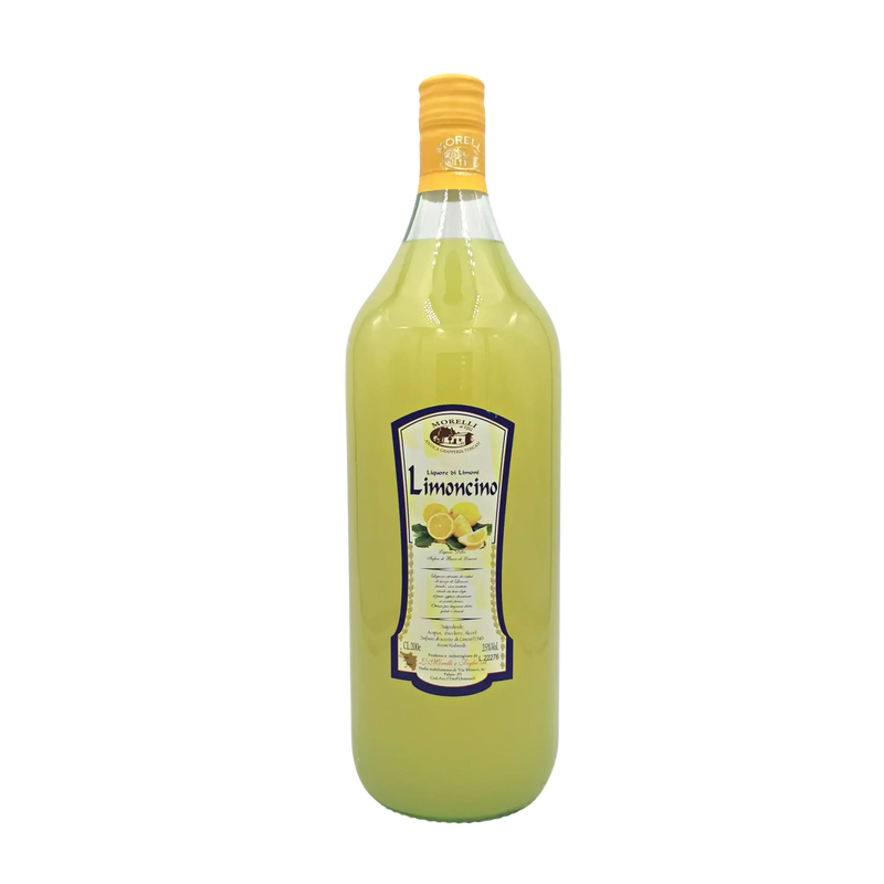 Bouteille de 2L de liqueur de citron italienne Limoncino Morelli avec étiquette jaune, goût rafraîchissant et authentique.