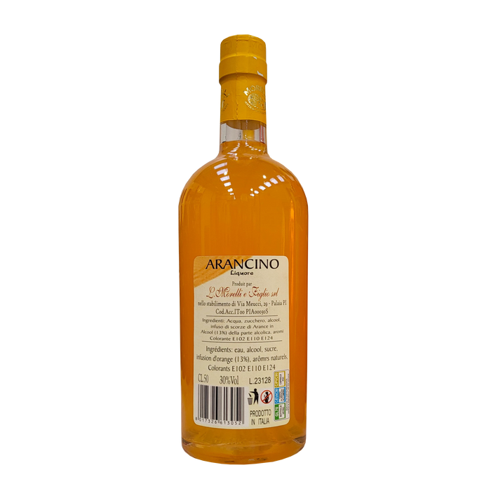 Dos de la bouteille de liqueur d'orange Arancino Morelli 50cl avec étiquette des ingrédients et informations sur le produit.