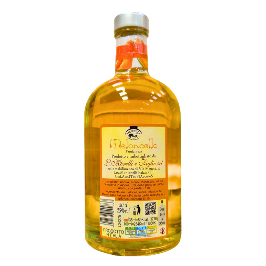 50cl Flasche Meloncello Morelli Melonenlikör, süßer und fruchtiger Geschmack, Alkohol 25% vol, authentisches Produkt aus der Toskana.