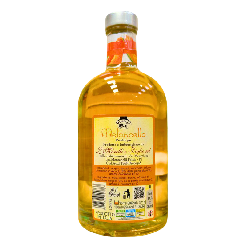 Bouteille de 50cl de liqueur de melon Meloncello Morelli, saveur douce et fruitée, alcool 25% vol, produit authentique de Toscane.