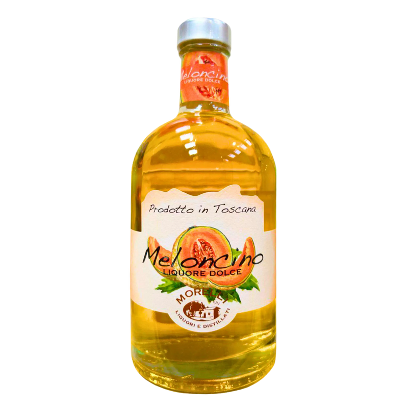 Bouteille de Meloncello Morelli 50cl, liqueur de melon italienne, saveur douce et fruitée, produit en Toscane.