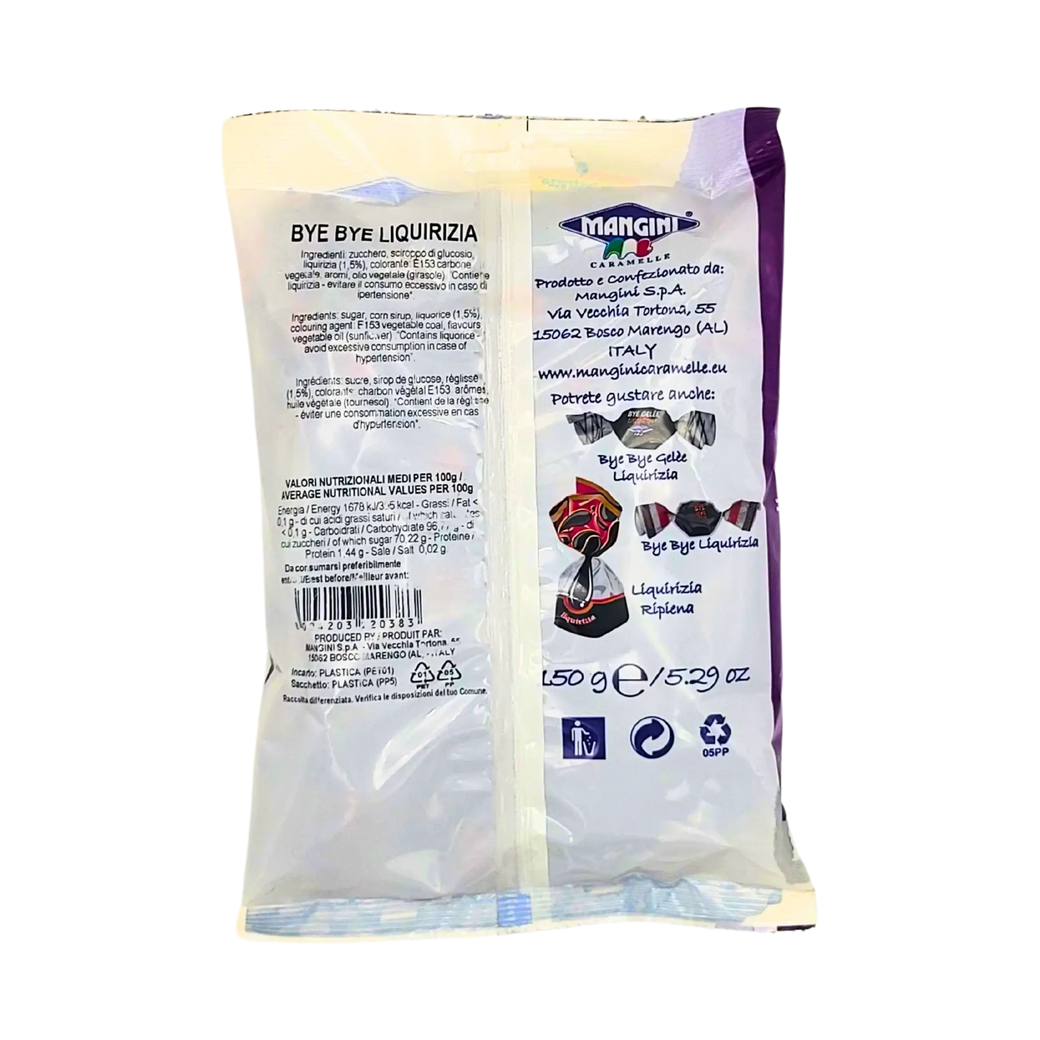 Emballage arrière des bonbons à la réglisse Mangini, Liquirizia, 150g.