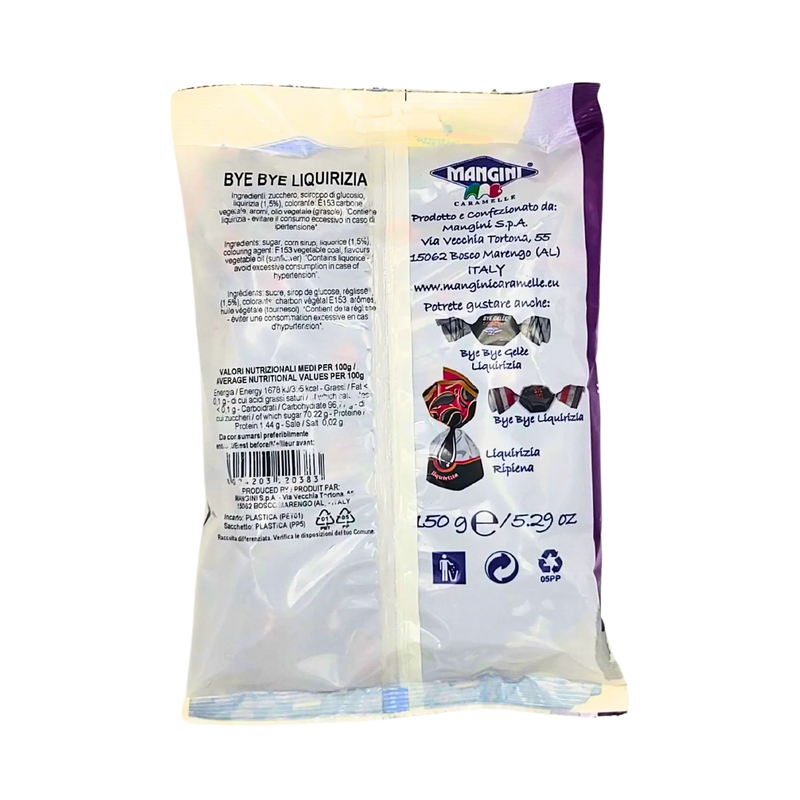 Emballage arrière des bonbons à la réglisse Mangini, Liquirizia, 150g.