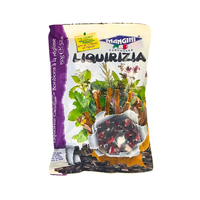 Emballage avant des bonbons à la réglisse Mangini, Liquirizia, 150g.