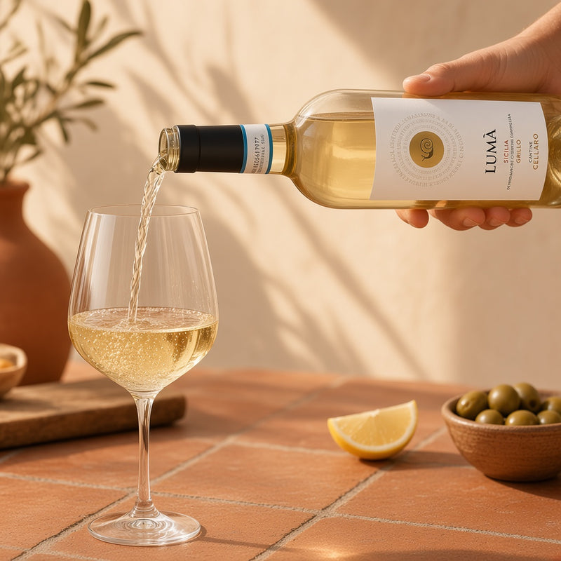 Lumà Grillo Cantine Cellaro versé dans un verre — aperitivo sicilien EasyGusto