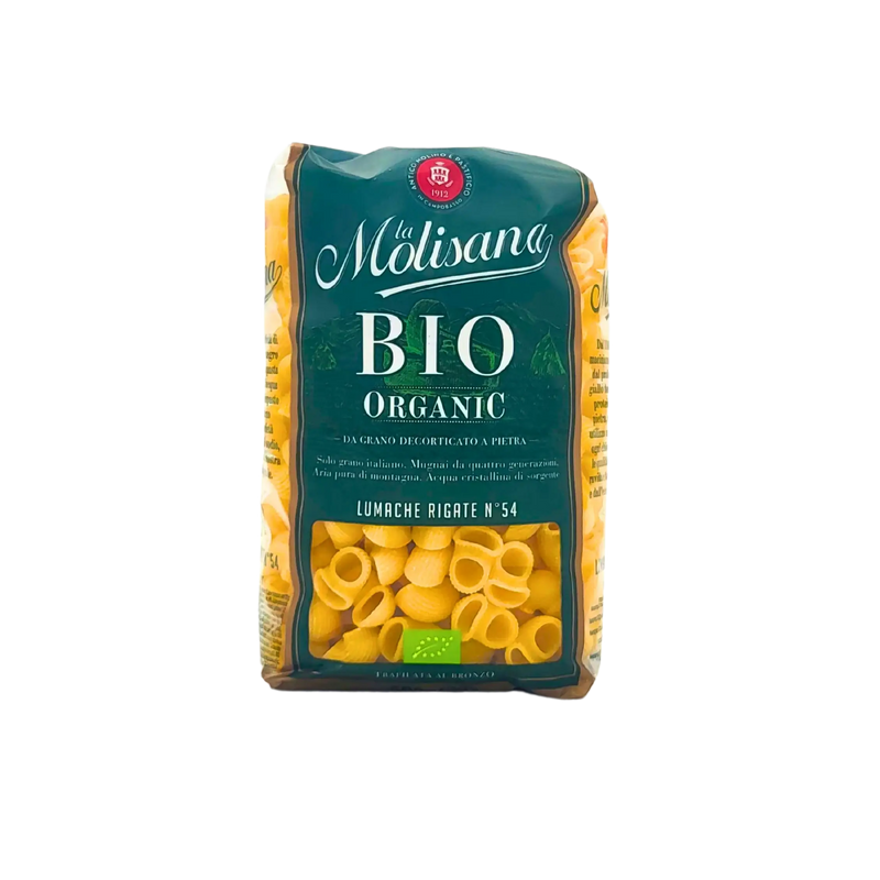 Paquet de Lumache Rigate Bio La Molisana 500g, pâtes italiennes biologiques en sachet vert avec indication Trafilata al Bronzo.
