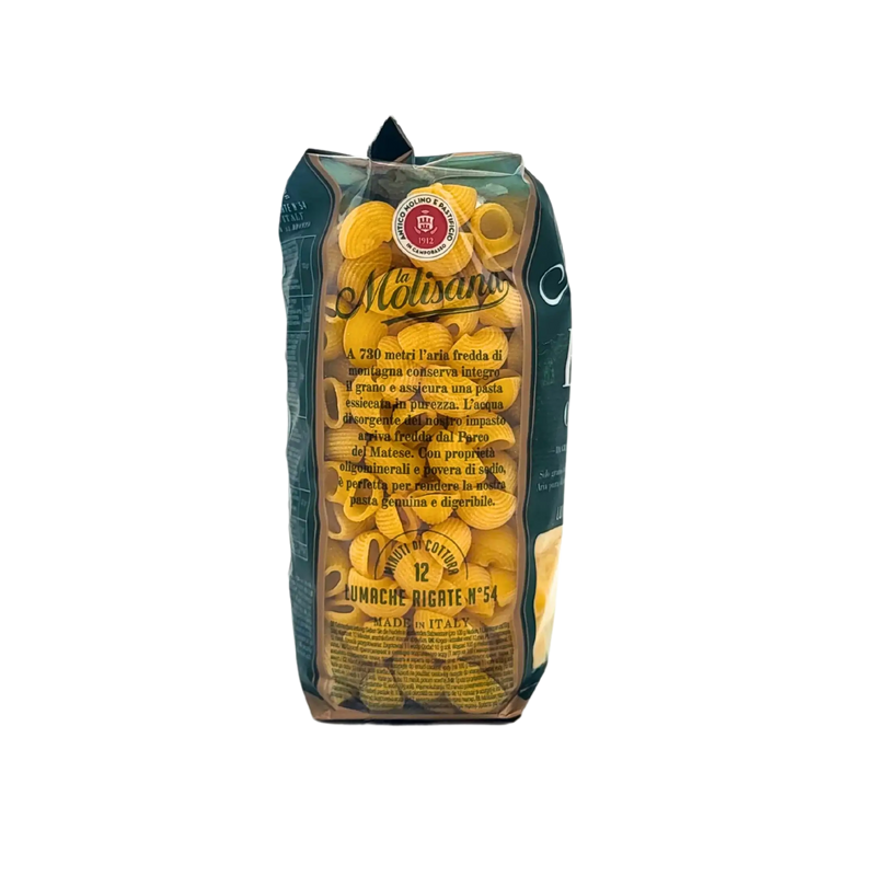 Profil du paquet de pâtes Lumache Rigate Bio La Molisana 500g montrant la forme des pâtes et l’emballage vert.