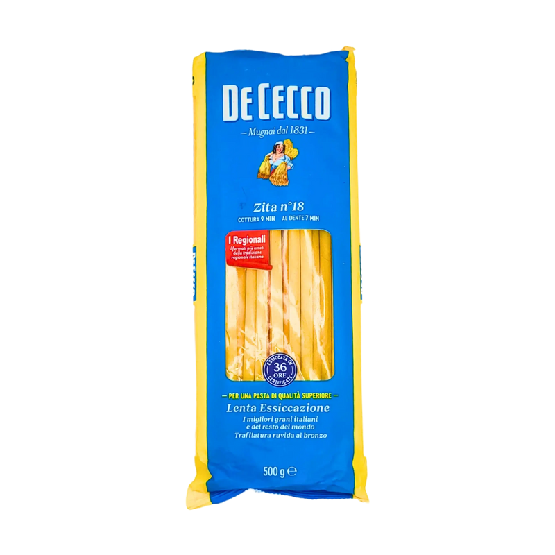 Pâtes Macaroni Long Zita n°18, De Cecco, 500g, séchage lent, fabriquées en Italie, qualité supérieure.