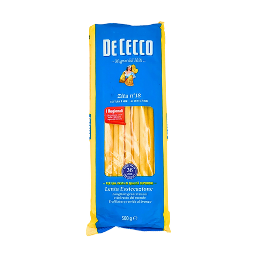 Pâtes Macaroni Long Zita n°18, De Cecco, 500g, séchage lent, fabriquées en Italie, qualité supérieure.