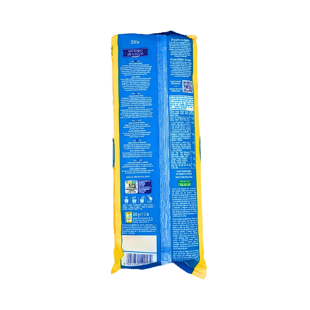 Artisanal Long Zita Macaroni Pasta No. 18, De Cecco, information on the manufacturing process and Italian origin, 500g package.