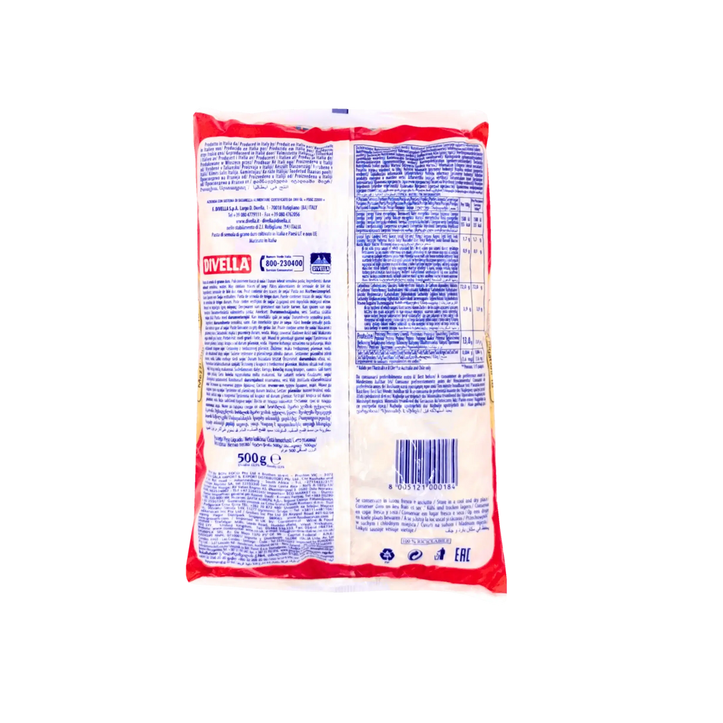 Voedingsinformatie en ingrediënten van de Mezzi Rigatoni N°18, Divella, 500g, Italiaanse pasta van durumtarwe.