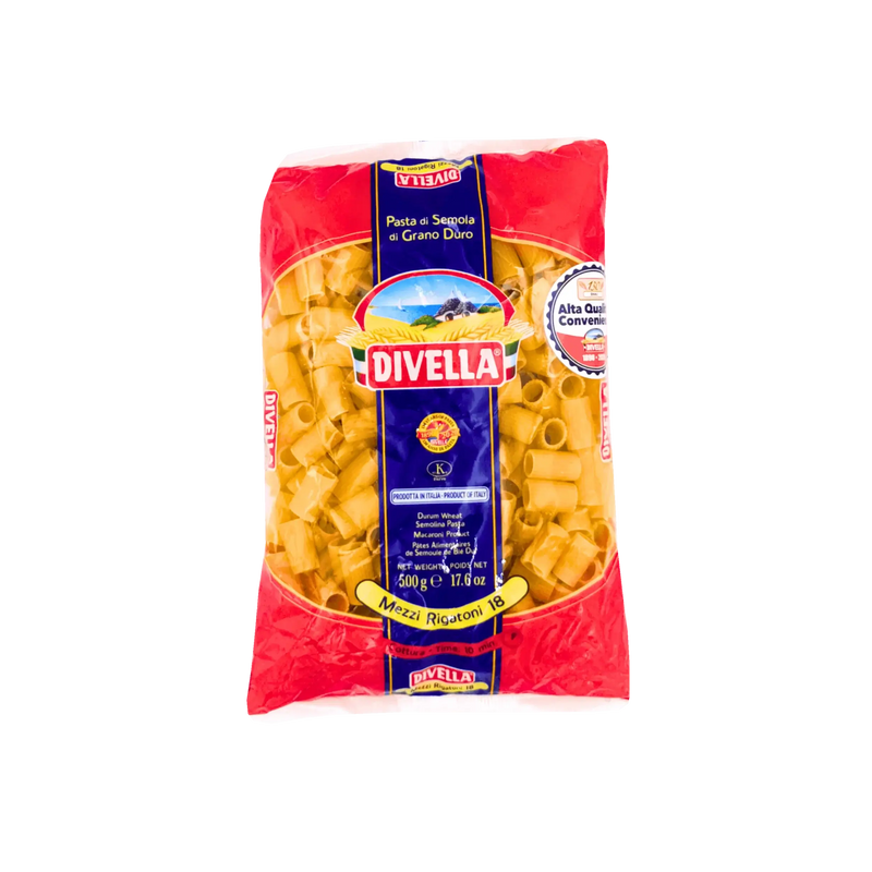 Pâtes Mezzi Rigatoni N°18, Divella, 500g, pâtes italiennes de semoule de blé dur, format court idéal pour sauces crémeuses et plats traditionnels.