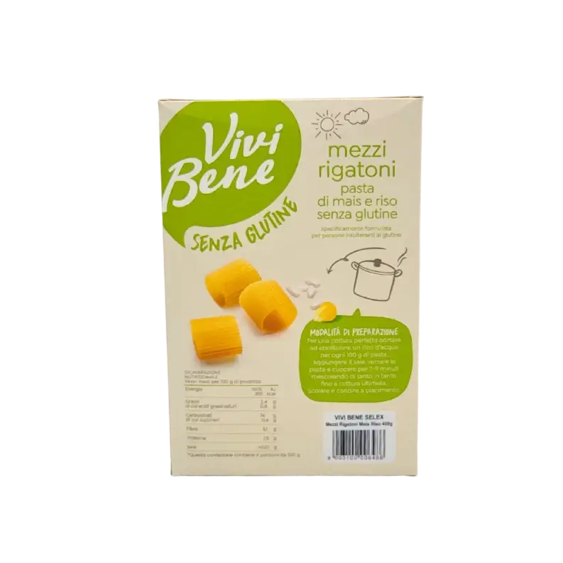 Informations nutritionnelles et préparation des mezzi rigatoni sans gluten Vivi Bene 400 g