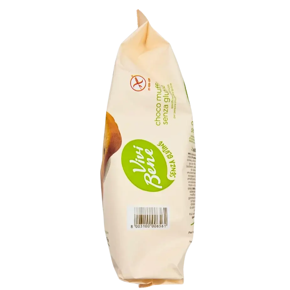 Glutenvrije muffinverpakking Vivi Bene, 250g, zijaanzicht met productdetails.