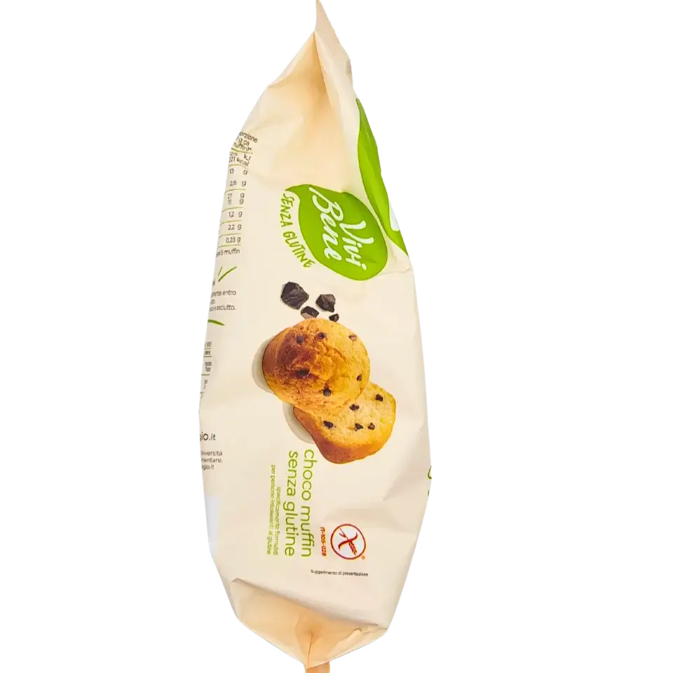 Glutenvrije muffinverpakking Vivi Bene 250g, zachte snack, geschikt voor mensen met glutenintolerantie, productafbeelding met muffins in close-up.