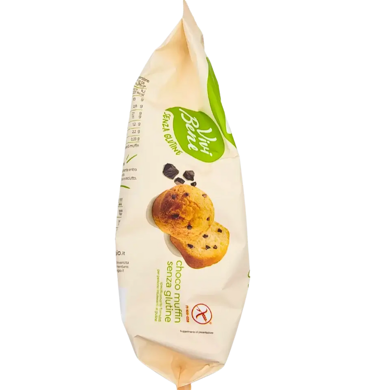 Emballage de muffin sans gluten Vivi Bene 250g, snack moelleux, adapté aux intolérants au gluten, image du produit avec muffins en gros plan.