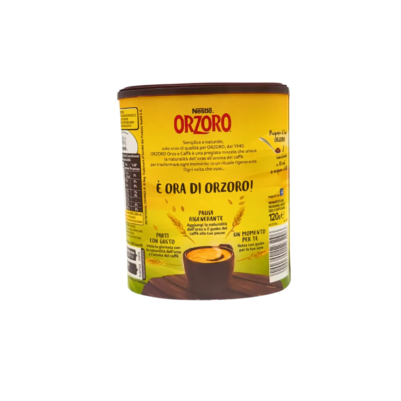 Boîte de café d’orge soluble Nestlé Orzoro 120g, mélange intensité café et douceur orge, idéal pour pause réconfortante.