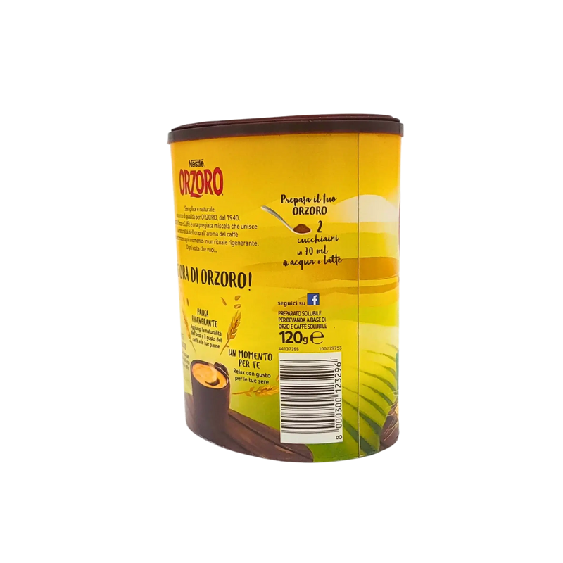 Boîte de café d’orge soluble Nestlé Orzoro 120g, mélange douceur et intensité, vue latérale arrière du packaging.