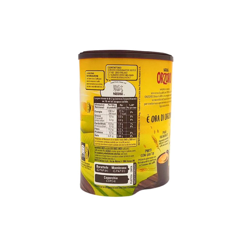 Packaging of Nestlé Orzoro Orzo e Caffè 120g Barley Instant Coffee with nutritional information and attractive design.