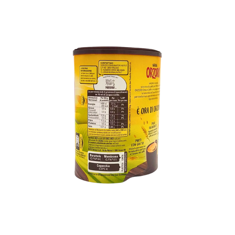 Emballage du café d’orge soluble Nestlé Orzoro Orzo e Caffè 120g avec informations nutritionnelles et design attrayant.
