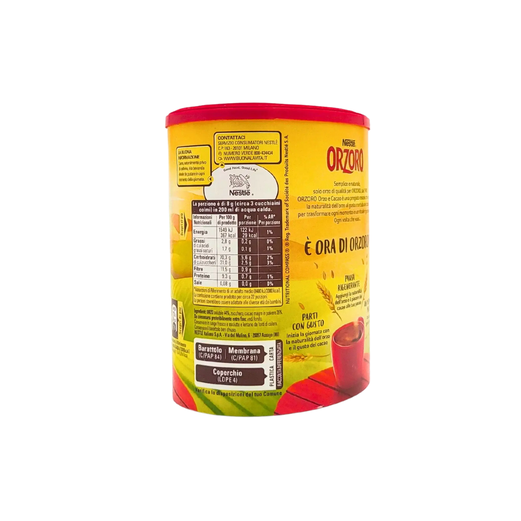 Rückseite der Verpackung des Orzoro Nestlé 180g löslichen Gerstenkaffees mit Nährwertinformationen.
