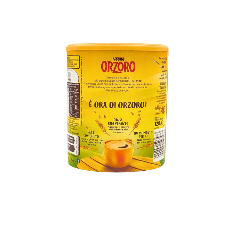 Boîte de Café d’orge soluble Nestlé Orzoro 120g, alternative naturelle sans caféine, arrière-plan jaune, texte italien.