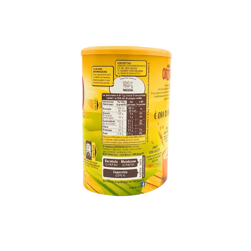 Boîte de Café d’orge soluble Nestlé Orzoro 120g naturel avec tableau nutritionnel visible.