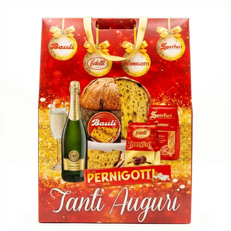 Coffret cadeau italien Bauli Tanti Auguri avec pandoro, prosecco et chocolats Pernigotti