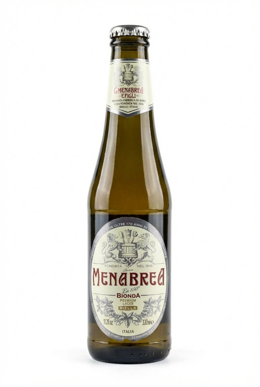 Bouteille de Menabrea Bionda 33cl biere italienne sur fond blanc