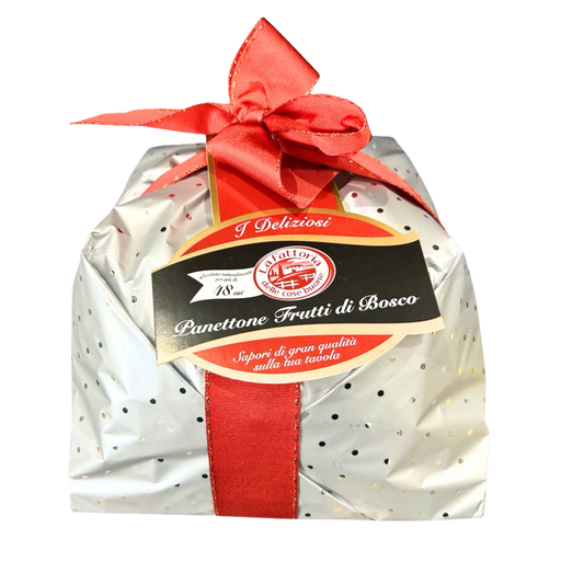 Panettone Frutti di Bosco de La Fattoria, 1 kg, emballage avant élégant avec un ruban rouge et une étiquette festive.