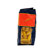 Vue latérale de l'emballage des Rigatoni Pastificio Di Martino 500g avec aperçu des pâtes à travers le film transparent.
