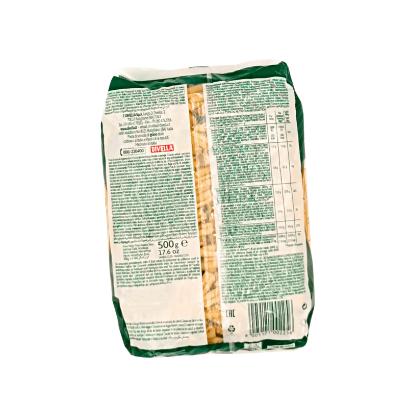 Vue arrière de l'emballage des pâtes courtes italiennes Caserecce Divella 500g, avec la liste des ingrédients, les informations nutritionnelles, le code-barres et les instructions de cuisson. Produit authentique fabriqué en Italie.
