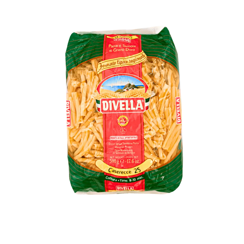 Pâtes courtes italiennes Caserecce de la marque Divella en paquet de 500g, fabriquées à base de semoule de blé dur de qualité supérieure. Emballage montrant le logo Divella, la mention ‘Formato tipico regionale’ et le temps de cuisson de 8 à 10 minutes.