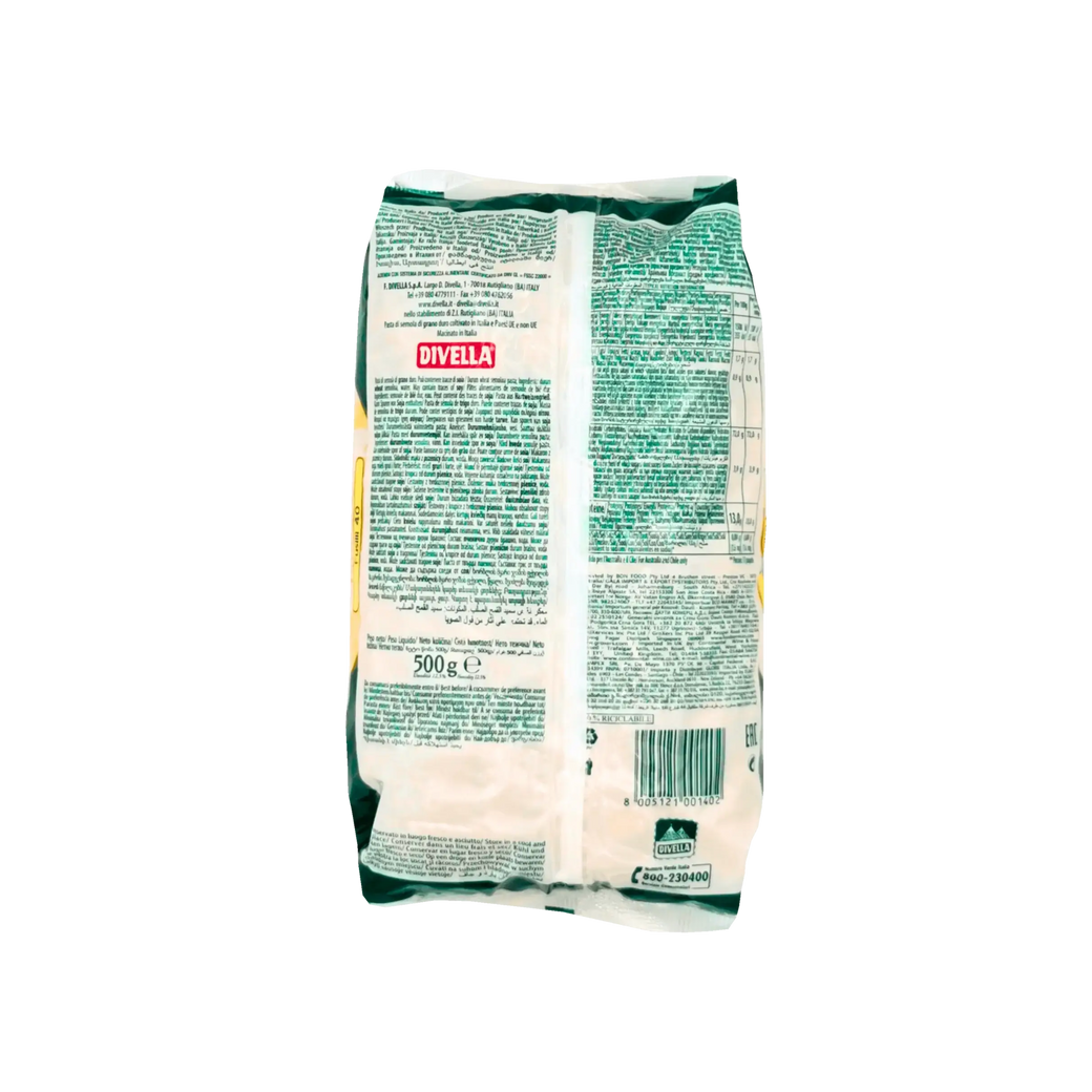Dos du paquet de pâtes Fusilli N°40 Divella - 500g. Informations nutritionnelles et composition des pâtes italiennes de qualité.