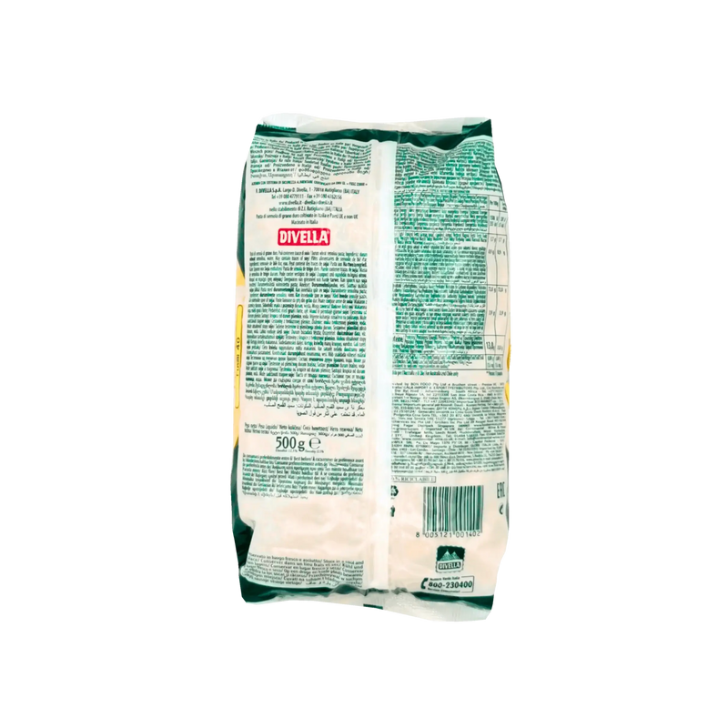 Dos du paquet de pâtes Fusilli N°40 Divella - 500g. Informations nutritionnelles et composition des pâtes italiennes de qualité.